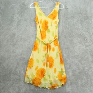 Vintage Mica Dress Women 4 Silk Floral Belted Chiffon Bias Cut 90s Midi Yellow